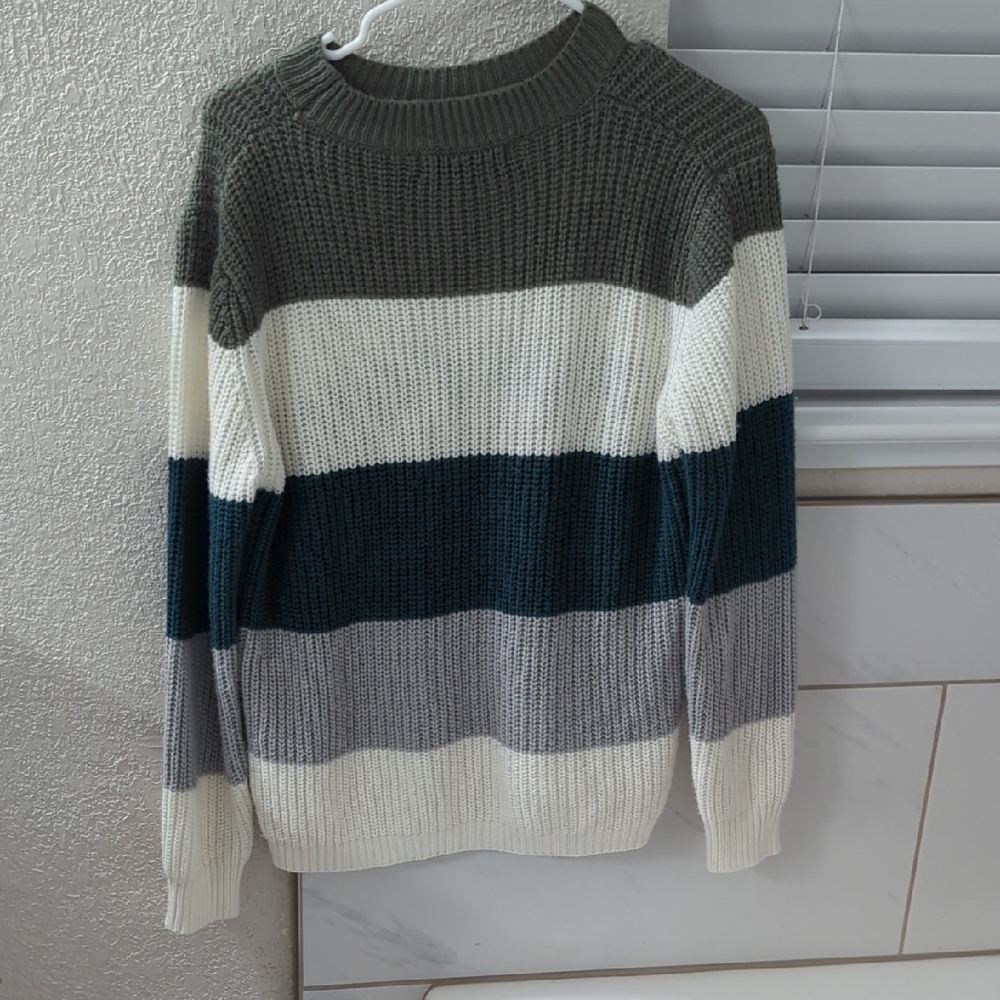 Striped Knit Sweater in Gray, White, and Green